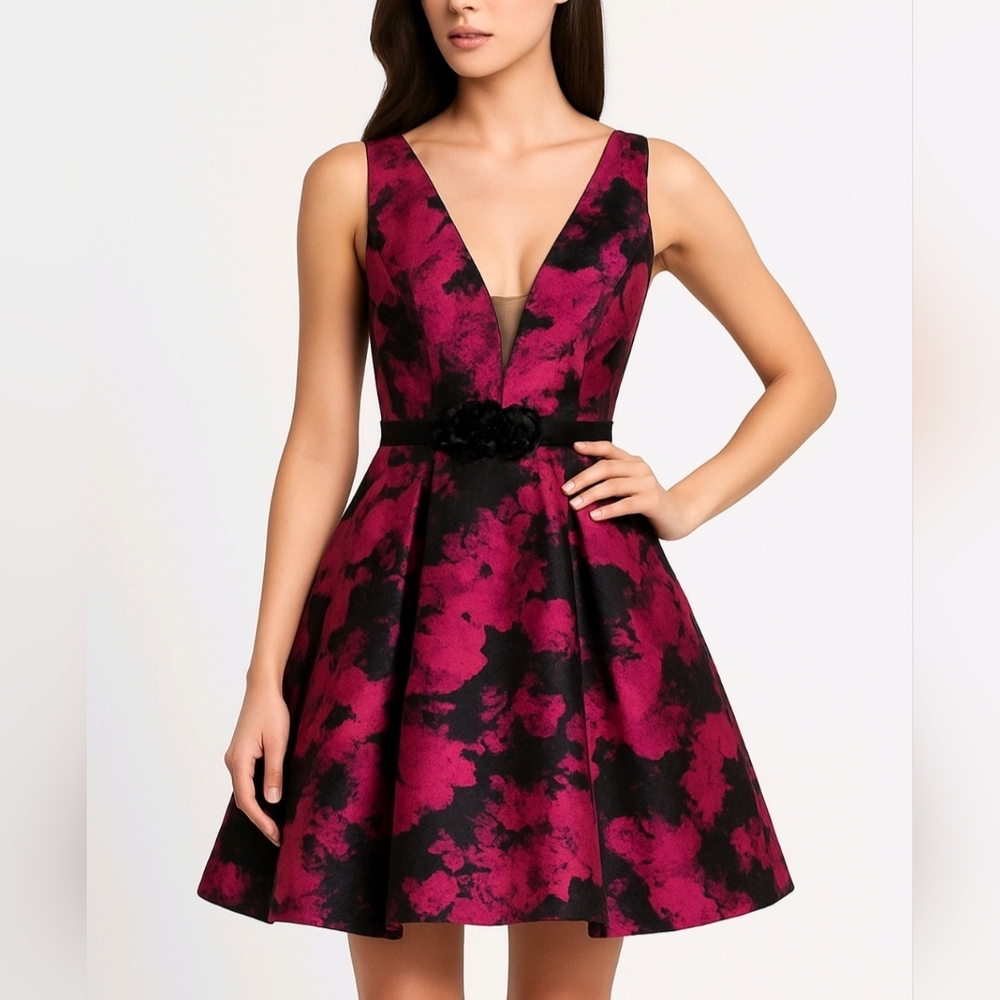 Theia Party Dress Fushia & Black Fit & Flare Mini Size 2